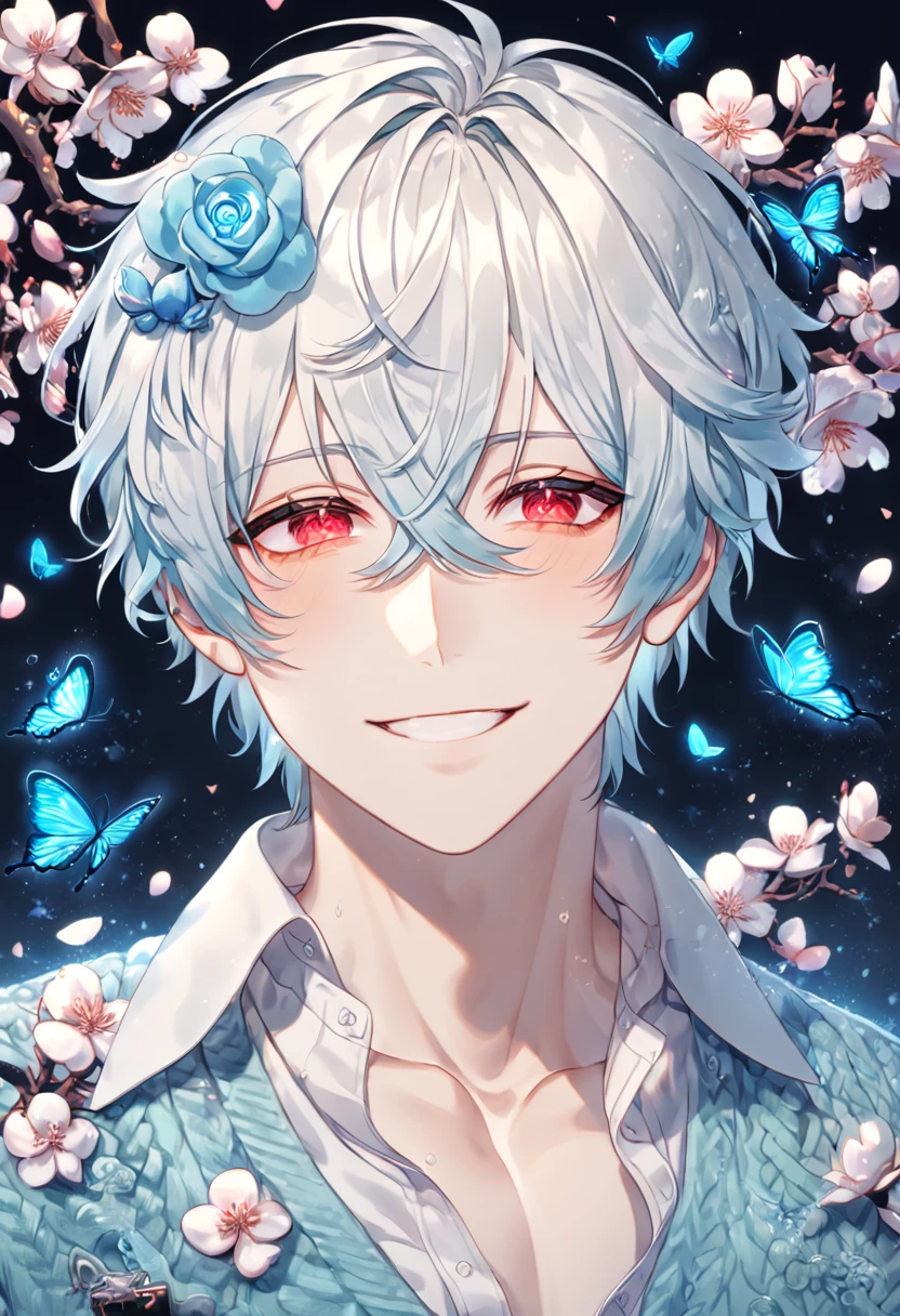 absurdres, highres, ultra detailed, HDR, master piece, best quality, extremely detailed, Shion, white hair, hair between the eyes, expressive red eyes, NO.6, solo, sexy man, handsome, handsome smile, sensual, horny, white collared shirt, light turquoise sweater, fantasy, magical, blue moon, blue flowers, blue butterflies, blue petals, blossoms, water