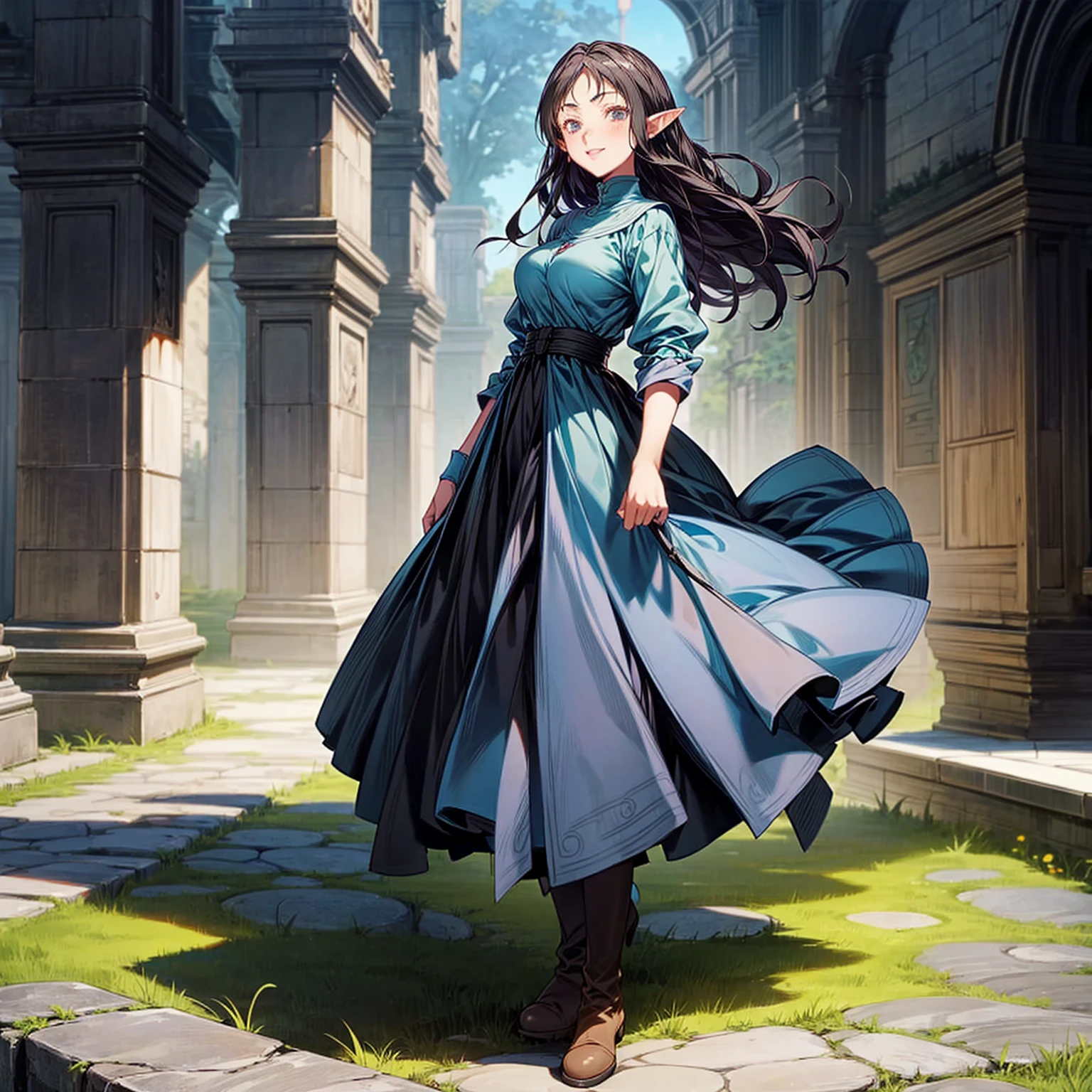 Solo character, full body version, old girl, (elf), black eyes, black color hair, long haircut, blue dress clothing, brown jeans, boots, Hoop earring, outdoor, town, medieval, standing gesture, detailed background, detailed clothing, detailed hair, (Hunter x Hunter style art, Doraemon style art), big breast, happy eyes, smile mouth 