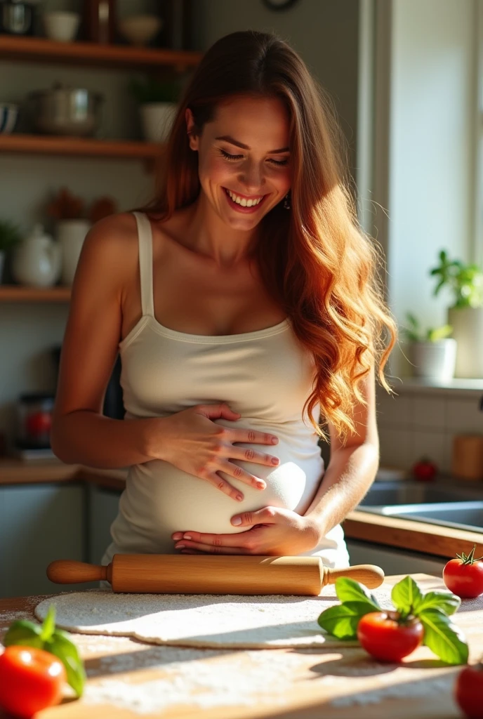 A woman kneading her stomach as if it were pizza dough with a rolling pin.