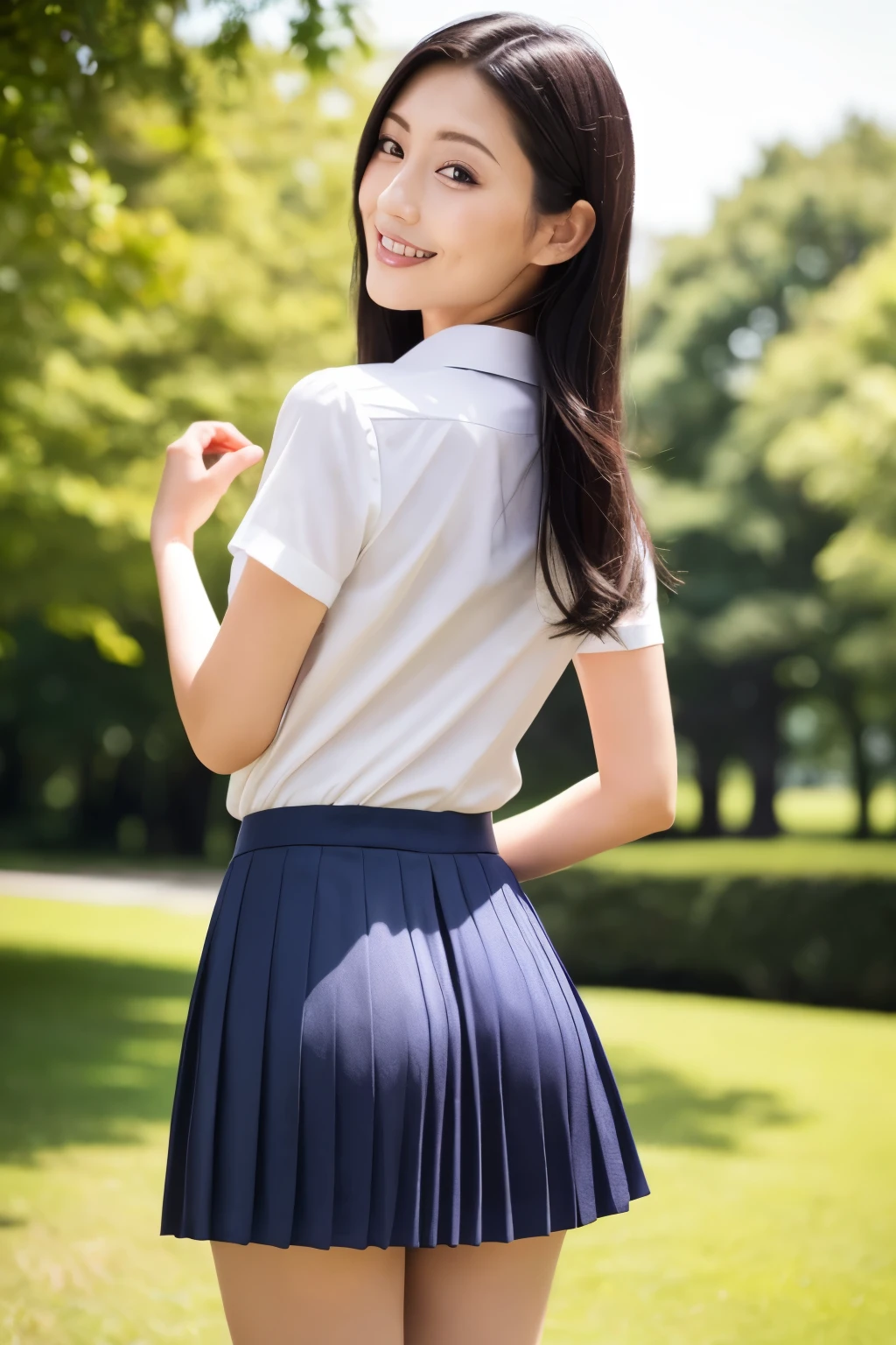 (Highest quality、Tabletop、8k、Best image quality、Award-winning works)、1 high school girl、Perfect beautiful composition、、(Accentuate your body lines:1.1)、Slender body、(Perfect and precise white polyester shirt:1.1)、(navy check pleated skirt:1.1)、(Upper body photo:1.1)、Look at me and smile、(Beautiful park background with strong blur:1.1)、The most natural and perfect beauty park、A perfectly maintained regular park、Standing Elegantly、Natural Makeup、(beautiful thick legs:1.1)、Beautiful legs、Ultra-high definition beauty face、Ultra HD Hair、Ultra HD Shining Eyes、(Ultra-high resolution glossy skin:1.1)、Super high quality glossy lip、Accurate anatomy、(very bright and vivid:1.1)、(Rear View:1.4)、(Turn around and look at me:1.2)