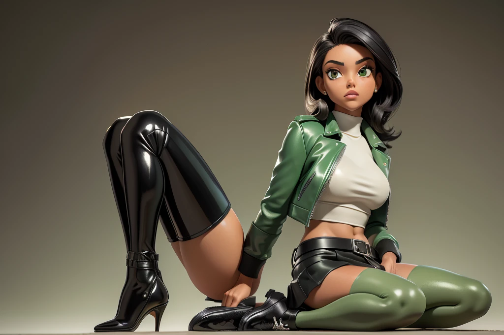 obra prima, melhor qualidade, ((only one woman,)) ((emily compagno, dark tan skin, straight black hair,)) erect cone tits, ((wearing shiny cream leather biker moto jacket,)) ((jacket has padded shoulders, jacket has stiff high collar,)) (((wearing shiny green leather miniskirt,))) wearing louboutin heels, (no boots,) body is very skinny, ((sitting back, legs spread,)) ((camera front view of body,)) shallow depth of field, highres, HD, 8k, anatomically correct