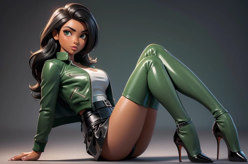 obra prima, melhor qualidade, ((only one woman,)) ((emily compagno, dark tan skin, straight black hair,)) erect cone tits, ((wearing shiny cream leather biker moto jacket,)) ((jacket has padded shoulders, jacket has stiff high collar,)) (((wearing shiny green leather miniskirt,))) wearing louboutin heels, (no boots,) body is very skinny, ((sitting back, legs spread,)) ((camera front view of body,)) shallow depth of field, highres, HD, 8k, anatomically correct