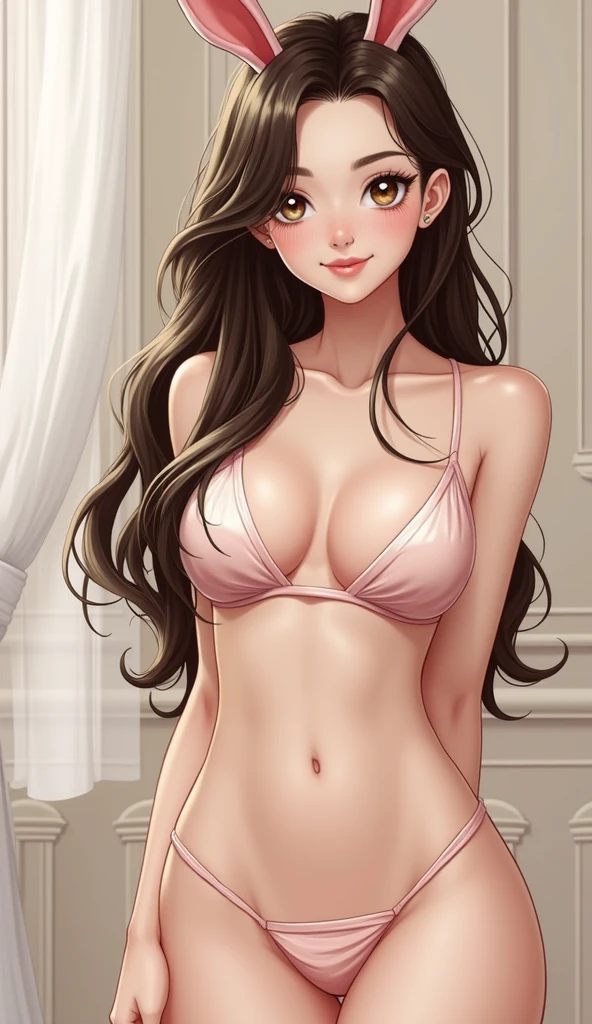 (Anna_girl, Highest quality, Highest quality, Official Art, beautiful:1.2), (1 girl:1.3), 25 years old, shy smile, Very detailed, break, ((Background is simple white wallpaper:1.3)), break, Most detailed, Ultra-realistic photos, Very detailed, Natural neck length, belly button, break, Small Ass, break, (rabbit ears), Thick and tight, ((symmetrical clear eyes)), ((dark brown hair, wavy semi-long hair)), ((light pink nipples:0.8)), ((breasts:0.8)), (slime skin), break, ((see-through naked:0.8)), ((light-pink see-through PVC mini dress:1.2), break, shiny skin, Glowing Skin