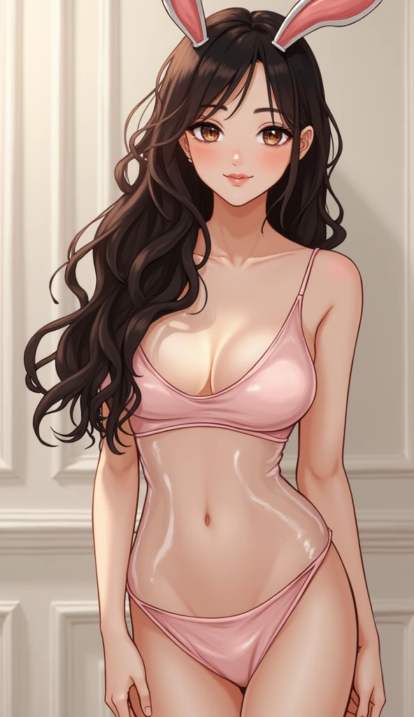 (Anna_girl, Highest quality, Highest quality, Official Art, beautiful:1.2), (1 girl:1.3), 25 years old, shy smile, Very detailed, break, ((Background is simple white wallpaper:1.3)), break, Most detailed, Ultra-realistic photos, Very detailed, Natural neck length, belly button, break, Small Ass, break, (rabbit ears), Thick and tight, ((symmetrical clear eyes)), ((dark brown hair, wavy semi-long hair)), ((light pink nipples:0.8)), ((breasts:0.8)), (slime skin), break, ((see-through naked:0.8)), ((light-pink see-through PVC mini dress:1.2), break, shiny skin, Glowing Skin