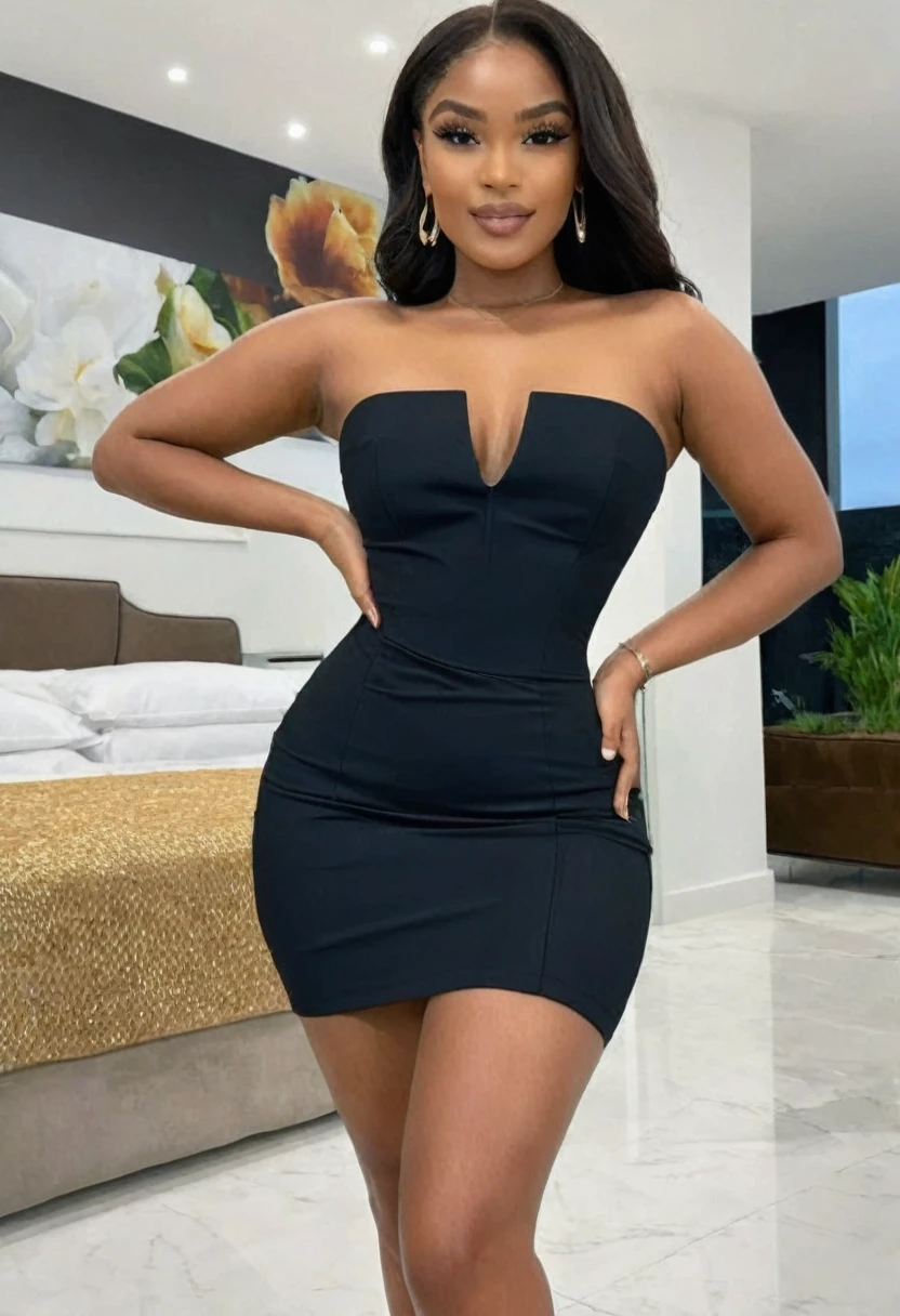 ((high quality:1.2)), (8k), extremely detailed, ((High detail:1.2)), ((best resolution:1.4)), Solo, ((24 years old Angolan female)), ((tight short dress strapless)), (((perfect hourglass body))), (((square and defined face of an extremely perfect and beautiful model))),