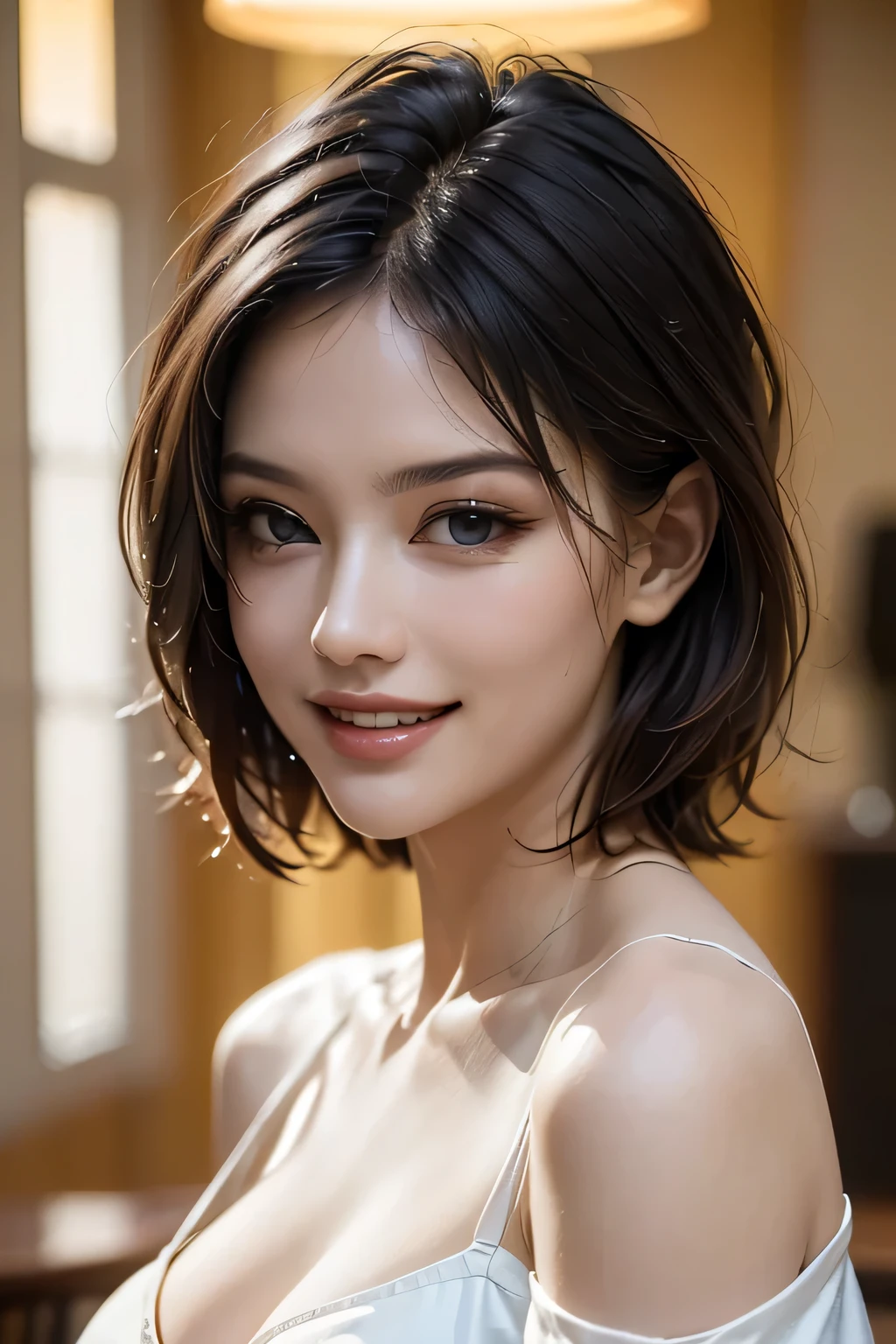 ((Realistic Light, masterpiece, Highest quality, Realistic, 8k, Tabletop: 1.3)), 1 person, Off-the-shoulder cut top: 1.3, Highly detailed face, fine grain, (eyelash), double eyelid, grin, (My Room), smile, (((beauty of saggy breasts))