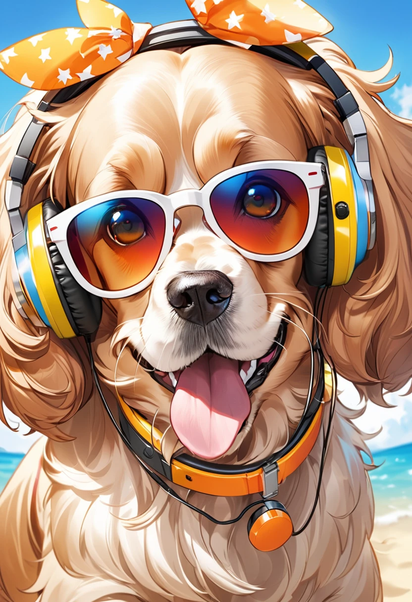 Cheerful and cheerful American Cocker Spaniel dog wearing sunglasses and headphones listening to music in summer