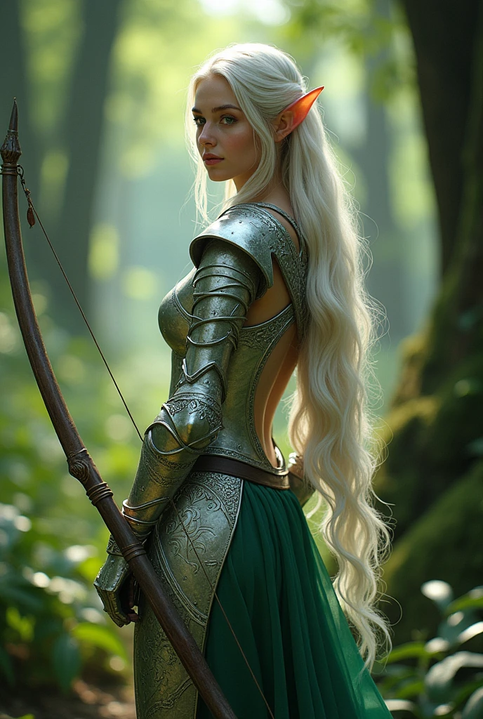 An elf in silver armor against the backdrop of an ancient forest