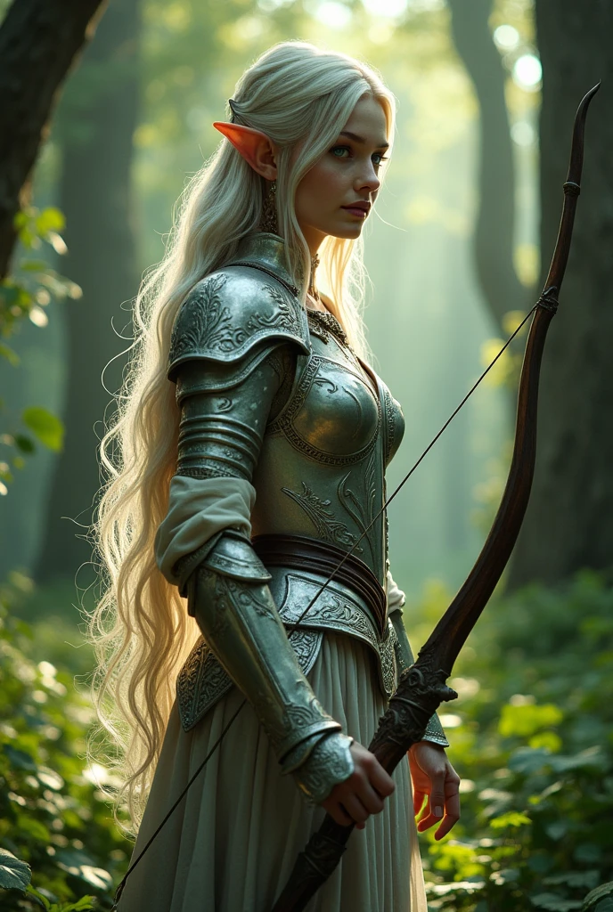 An elf in silver armor against the backdrop of an ancient forest