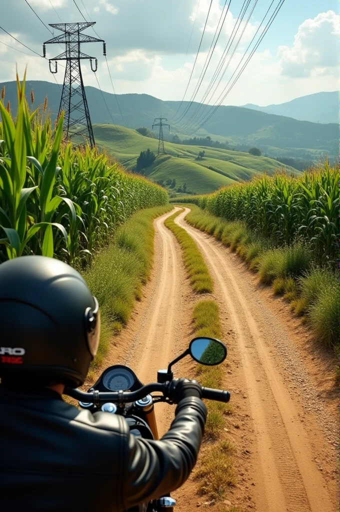 Give me several images of a dirt road. And on the sides that have corn leaves and on the sides. hills. With two high-tension towers. The pilot and the motorcycle. They are barely seen. Only the front part. Driving and observing the landscape