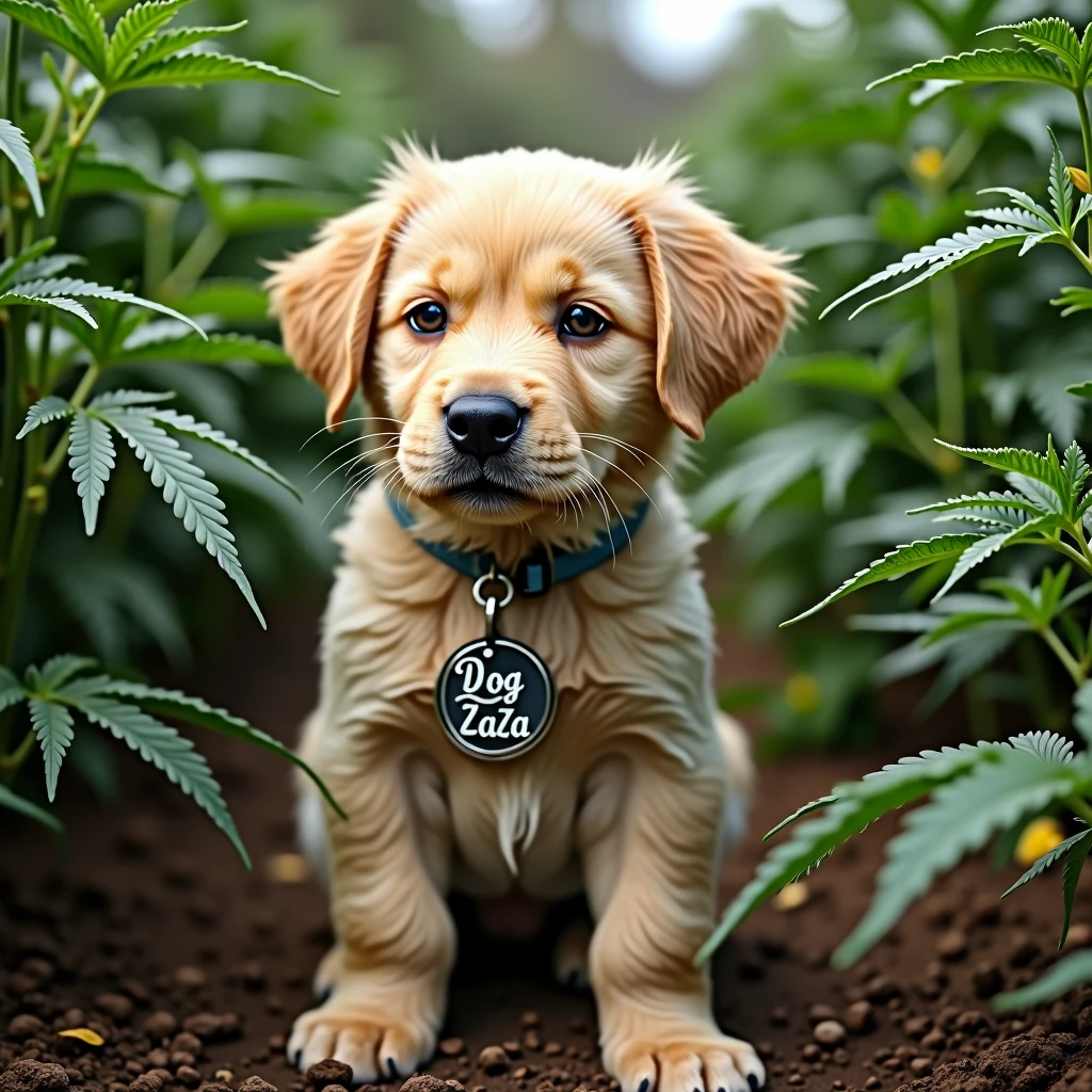 Puppy in a cannabis plantation with a pendant that reads DogZaZa