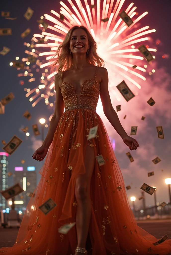 GENERATE AN IMAGE OF A WOMAN FACING FORWARD AND VERY HAPPY WEARING ELEGANT CLOTHES, Blonde and beautiful, SHE IS TRIUMPHANT IN LIFE WITH MONEY FLYING IN THE BACKGROUND, LIGHTS AND FIREWORKS
