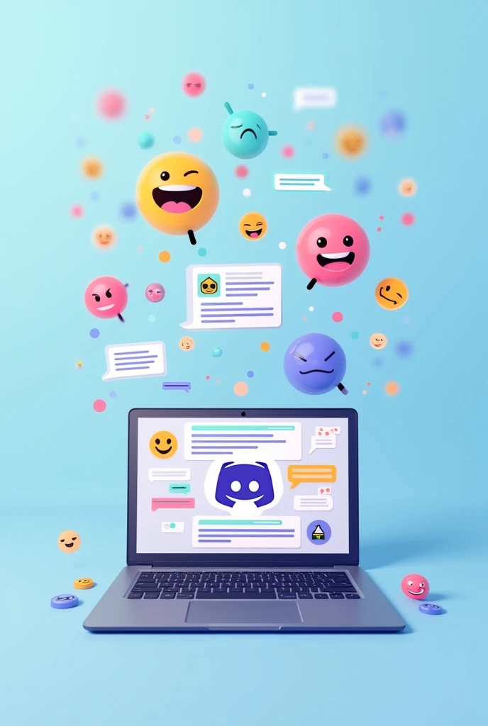 light blue background, circles with message elements (( emojis and conversations )) (( games and internet elements)) , open computer with the Discord symbol, chat conversation and games 