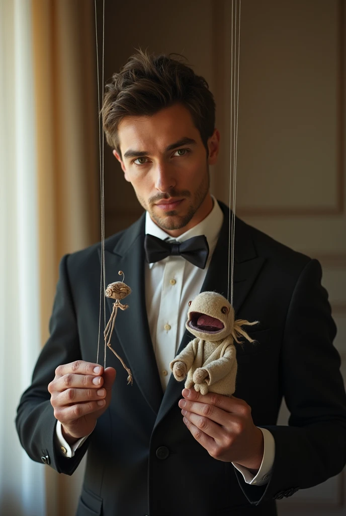 sketch, A man in a suit manipulating a puppet with strings,Puppeteer, Are standing, Natural,  pastel, Detailed and realistic eyes, very handsome, beautiful