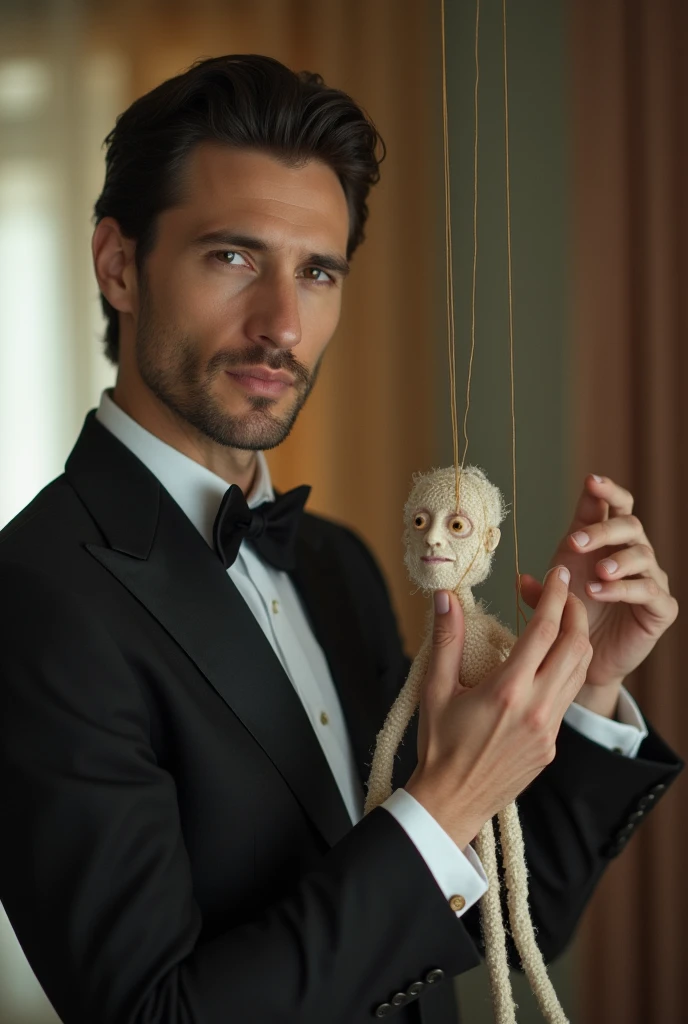 sketch, A man in a suit manipulating a puppet with strings,Puppeteer, Are standing, Natural,  pastel, Detailed and realistic eyes, very handsome, beautiful