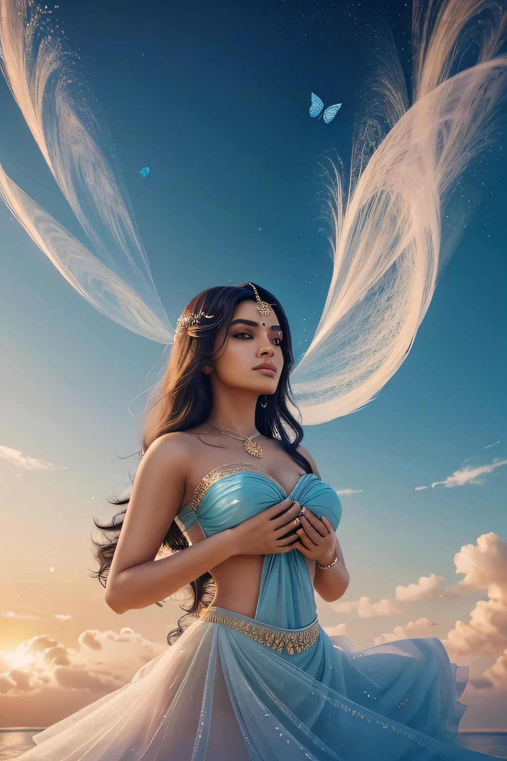 A mesmerizing 3D cinematic illustration that captures the essence of Gorgeous and Beautiful. The name " Sheeba Viji " is elegantly written in a script font, with each letter formed from butterfly, sponge-like cute, creating a mesmerizing visual effect. The serene sky and soft, floating clouds form a perfect backdrop, evoking feelings of purity and blessings.