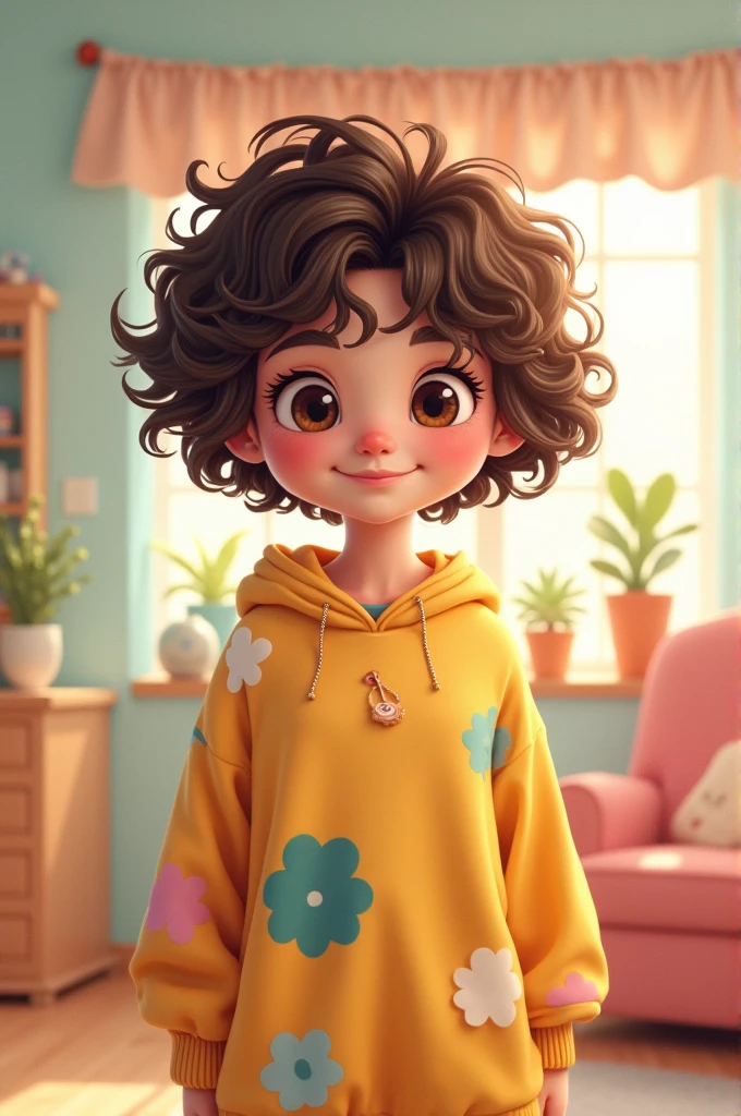 with a small mouth and nose, short curly hair, wearing a sweatshirt