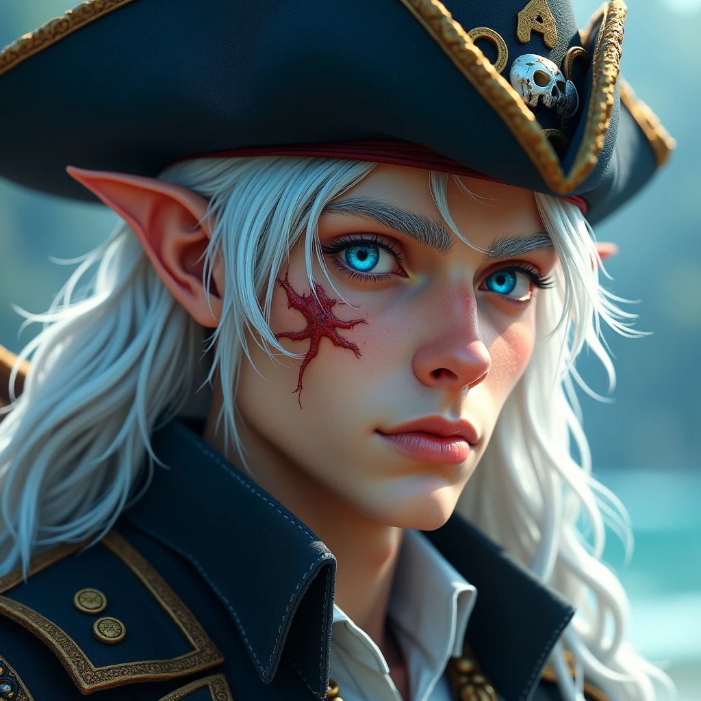 White haired astral elf archeologist male with pirate hat blue eyes and scar on cheek clean shaven 