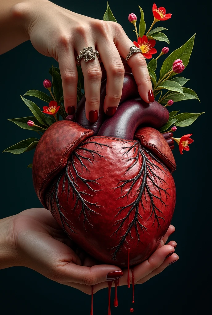 Drawing of a human heart being crushed and bruised by a female hand squeezing the bloody heart with one hand, with flowers and leaves coming out of its arteries and veins