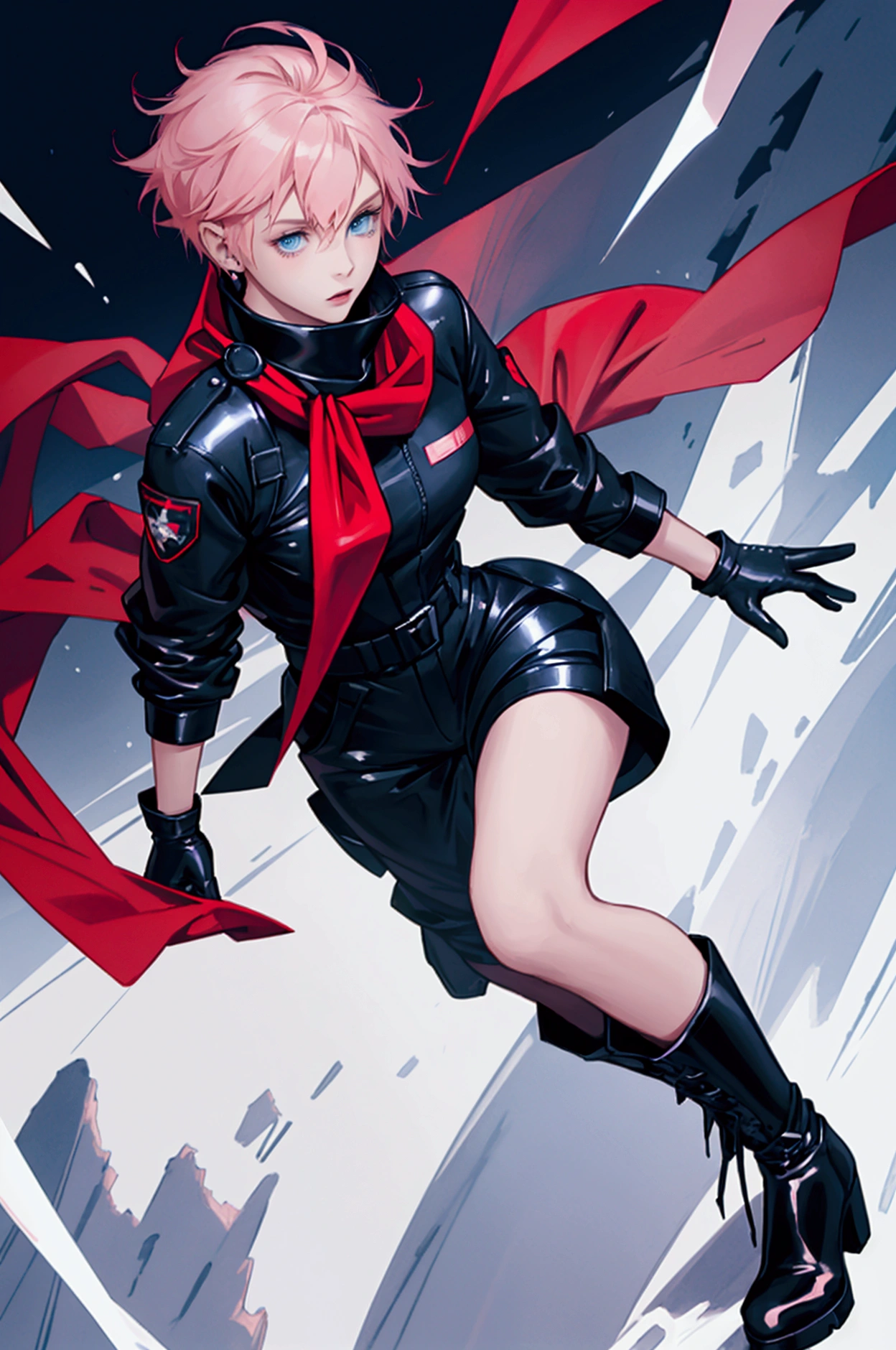 now as a short-haired age girl with pale pink hair, sky blue eyes, He has a black jumpsuit with a red scarf, hands with gloves gloves with cut fingers, On the feet long black boots like latex