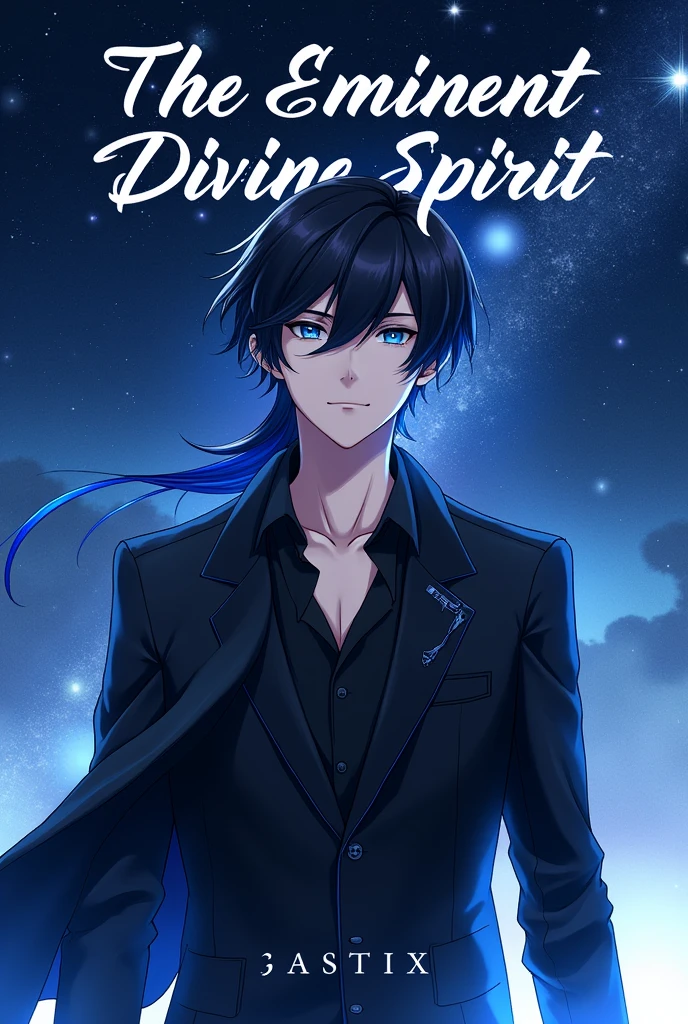 Please generate a Novel cover for me, with a MALE human character with black hair and a COBALT BLUE streak at the end of his hair and cobalt blue eyes, wearing black clothes in anime style, with a starry sky and the novel's name written on the image (The Eminent Divine Spirit)
