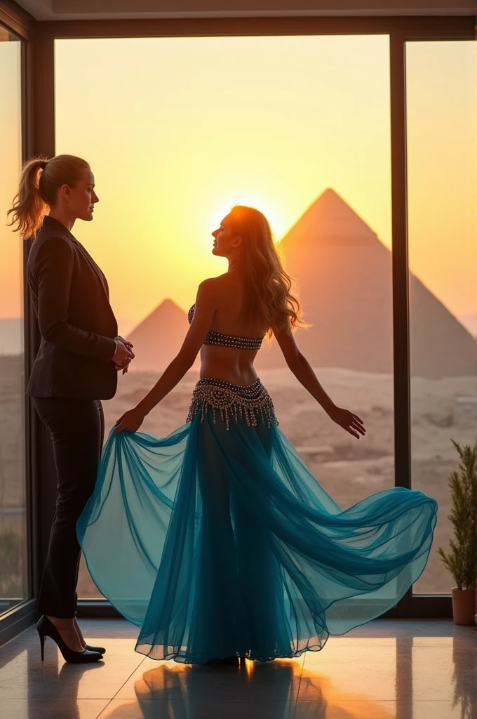 Create a woman in business attire,looking out the window and seeing a blonde ballerina in a blue belly dancing outfit with many sparkling jewels,dancing with a veil and in the background the pyramids of Egypt at sunset