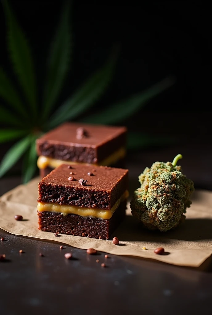 Two homemade traditional square Brawnis with arequipe filling in the middle of each one and next to it a cannabis flower, the background to be a dark one, to look like a photograph.