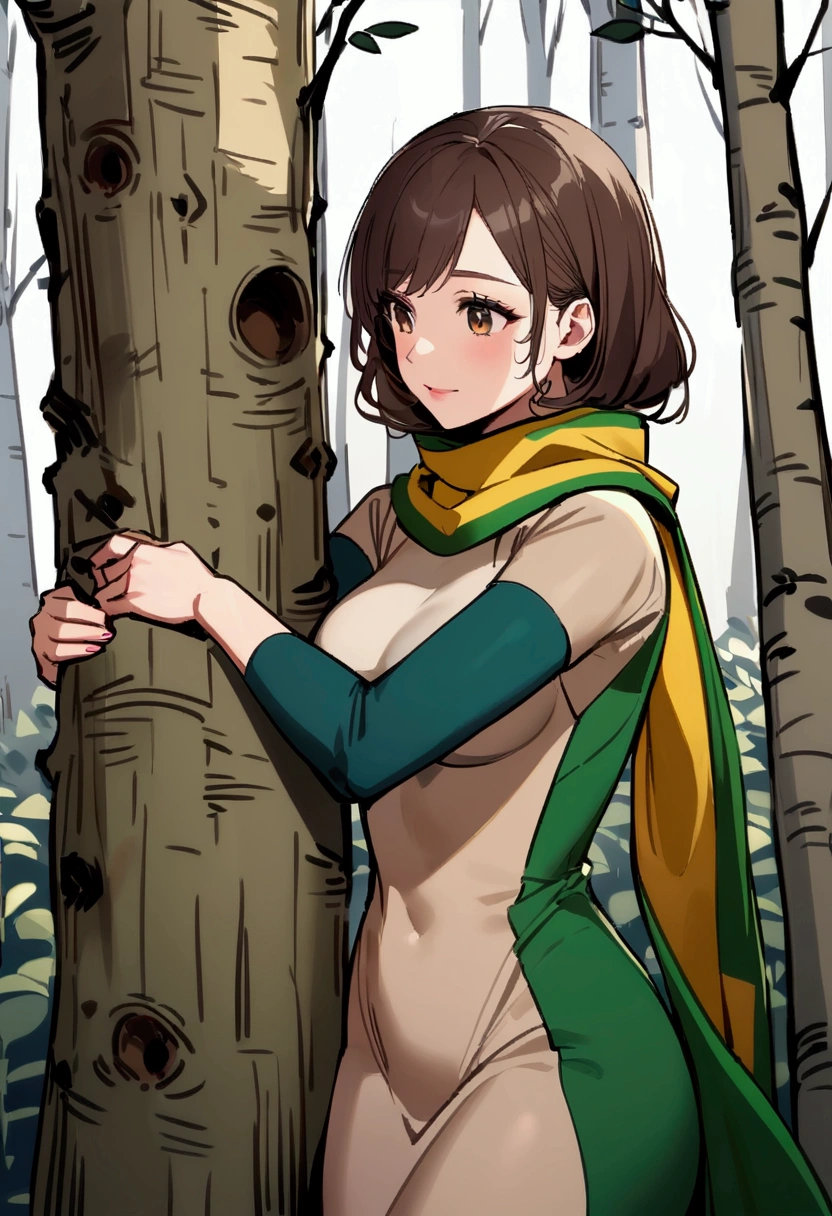 Woman with brown hair, in a brazilian-colored scarf and a tight-fitting birch-colored dress., stands, hugging a birch trunk in a birch grove