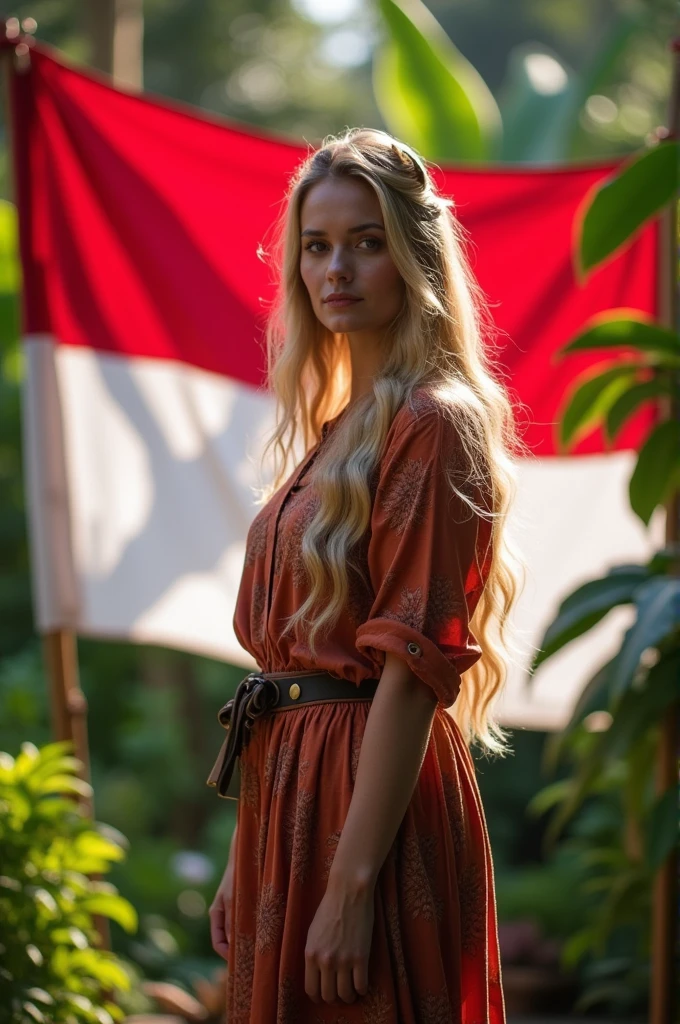 jewish woman, full weight body, blonde long wavy hair, straight focus, outdoor dressed, stand straight, in front of Indonesia flag