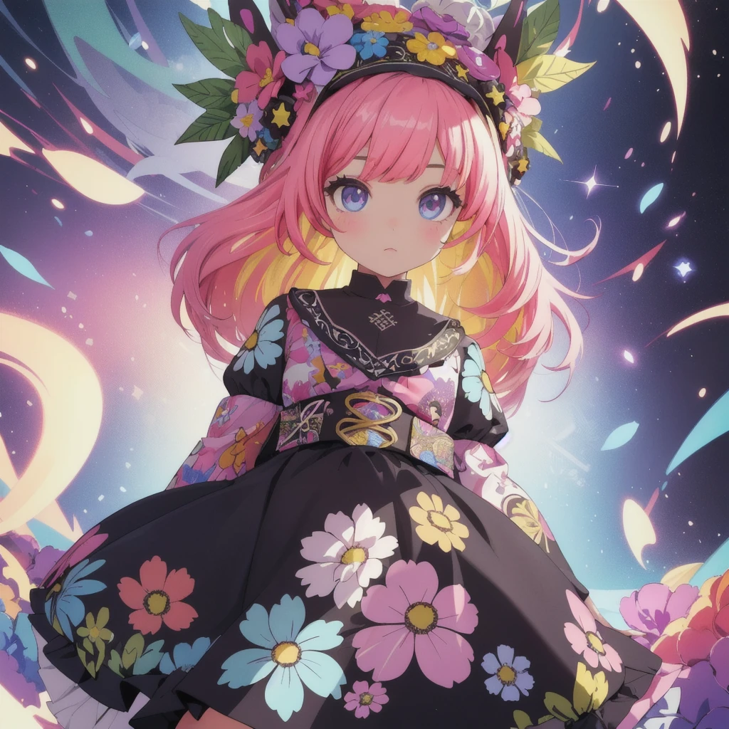 (Flower crown), (One girl, Solo: 1.6), (Best impact: 1.5), (Maximalism: 1.7), Vivid contrast, (Realistic), Surrealistic illustration, High resolution, Ultra detailed, Absurd, (Fractal art: 1.3), Random hairstyle, Random hair color colorful, Rainbow eyes, Full body shot, Retro, Precise focus, Random pose, Cinema 4D, Dramatic, Black clothes, Front right, Surprised expression, Headband, Double tails, Studying at table, Admiration, Relaxing, Private room, Wallpaper, Wide format