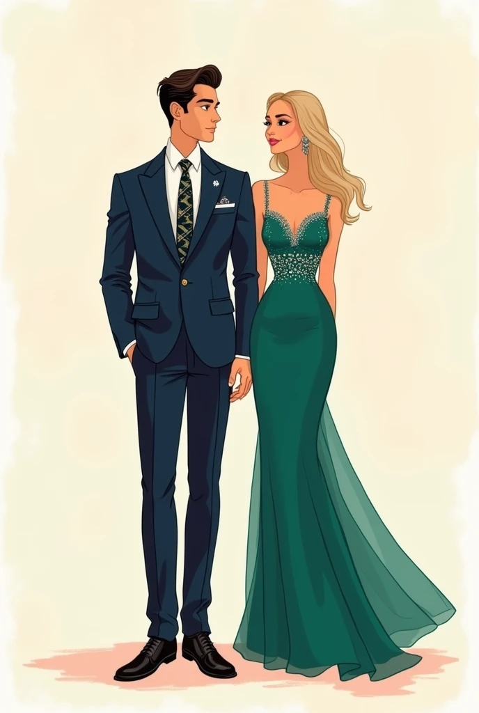 I need an image of the clothing to give references to the wedding guests for the dress code, which will be cocktail style. The drawings can be Disney style. minimalist. A Man and a Woman, that they don't see each other as a couple, only clothing models. Clothes are what matters