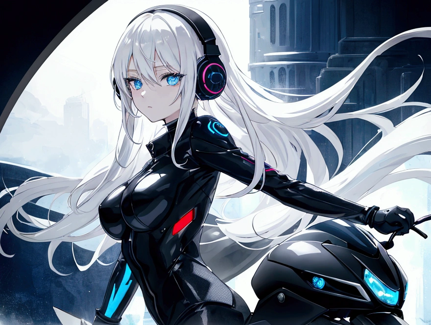 An anime dark girl, Beautiful eyes, white hair, Blue eyes, with headphones, listenning music, dancing next a futuristic motorcycle
