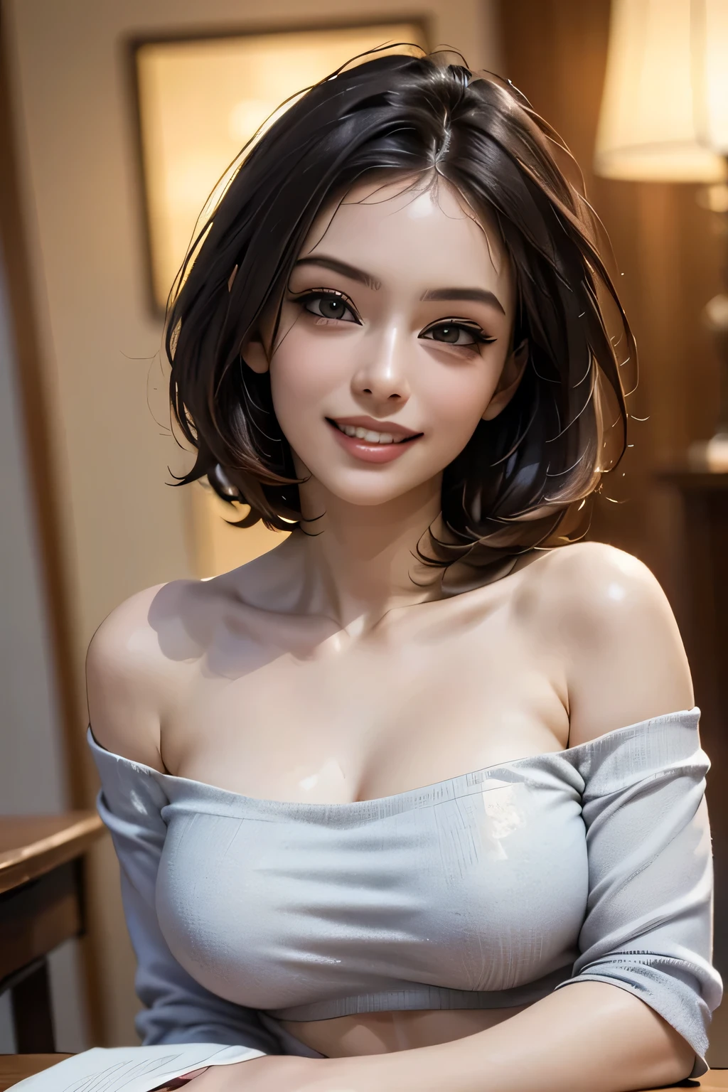 ((Realistic Light, masterpiece, Highest quality, Realistic, 8k, Tabletop: 1.3)), 1 person, Off-the-shoulder cut top: 1.3, Highly detailed face, fine grain, (eyelash), double eyelid, grin, (My Room), smile, (((beauty of saggy breasts))