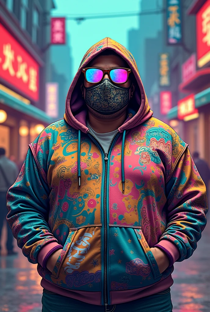 Ugly fat guy with a anime hoodie on, sunglasses covering his eyes. And a mask concerning his mouth