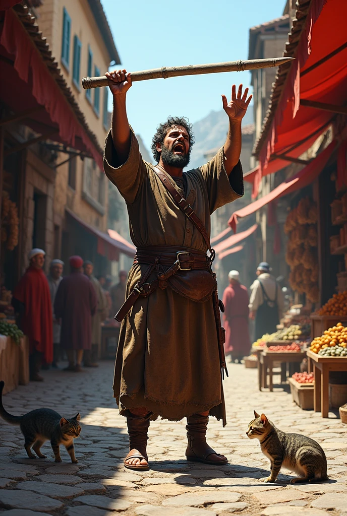 A merchant beating a cat violently in the street with a stick.