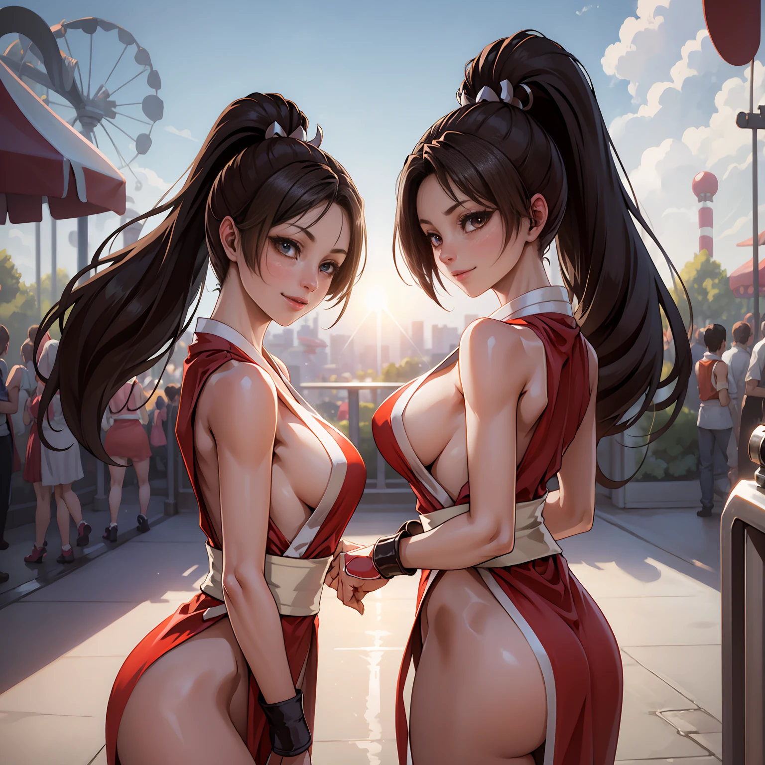 (Mai Shiranui), she is showing her side, She's on her side for the viewer,__body parts__, official art, 8k unit wallpaper, ultra detailed, beautiful, masterpiece, Super fine photo, high quality, super tall resolution, photorealistic, sunlight, smile, elegant dress, jewelry, in Birthday , amusement park, beautiful, highly detailed skin, realistic skin details, visible pores, sharp focus, digital SLR camera,