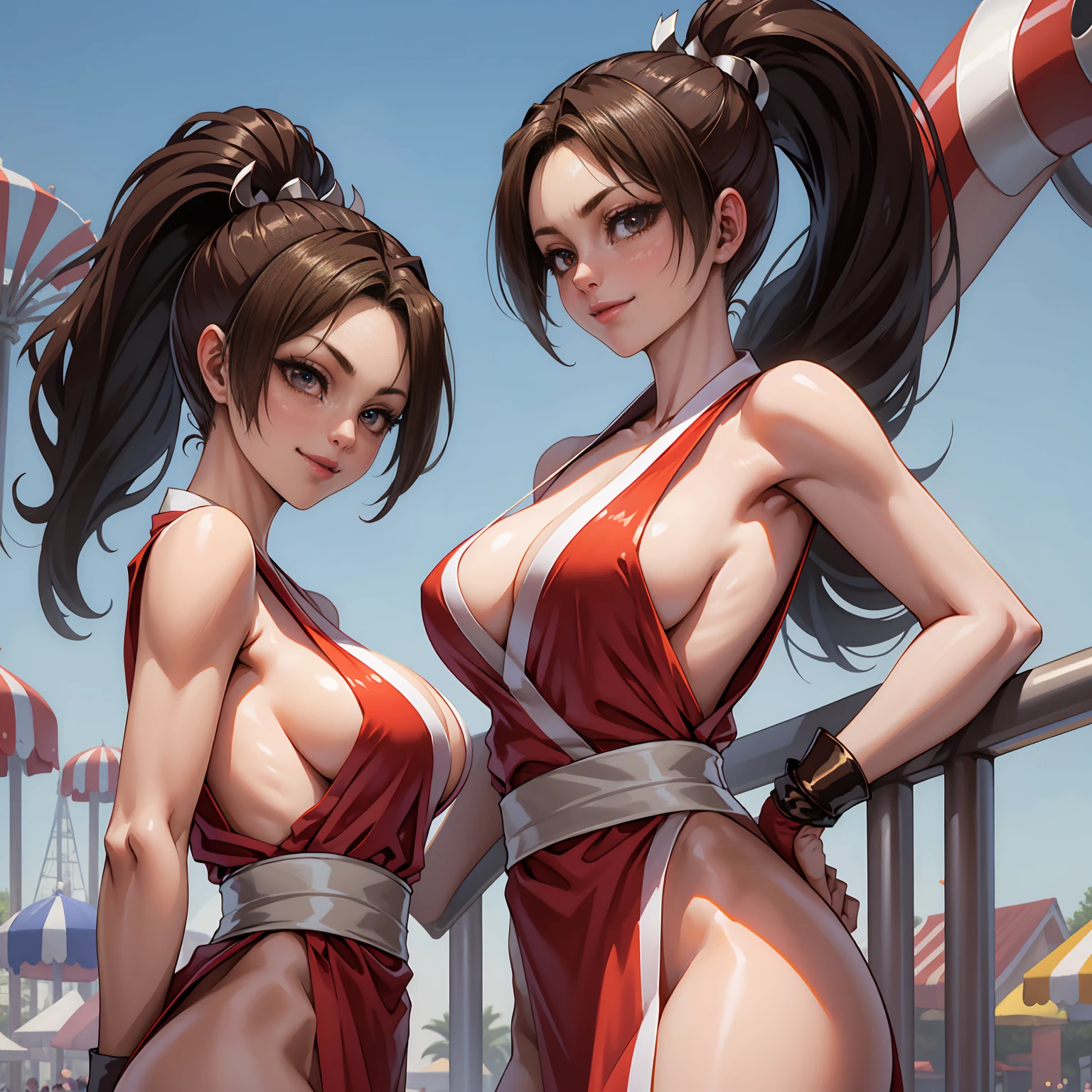 (Mai Shiranui), she is showing her side, She's on her side for the viewer,__body parts__, official art, 8k unit wallpaper, ultra detailed, beautiful, masterpiece, Super fine photo, high quality, super tall resolution, photorealistic, sunlight, smile, elegant dress, jewelry, in Birthday , amusement park, beautiful, highly detailed skin, realistic skin details, visible pores, sharp focus, digital SLR camera,