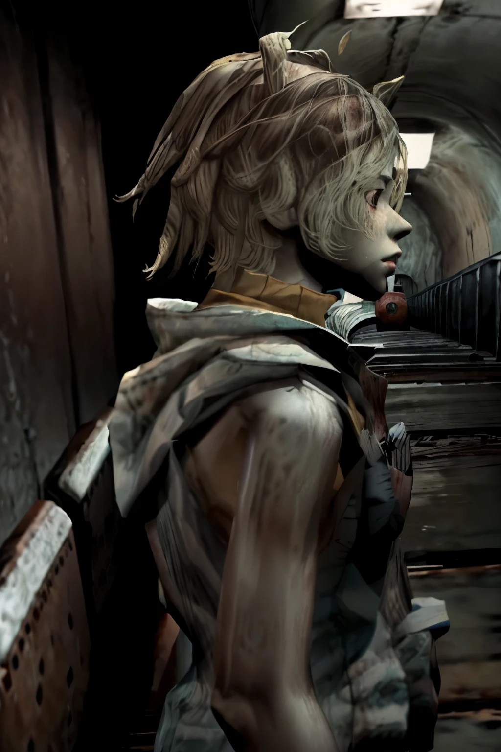 1girl run a way from a scarry dog, in a metropolitan tunnel, Side shot, SH3, blonde,gray shirt,