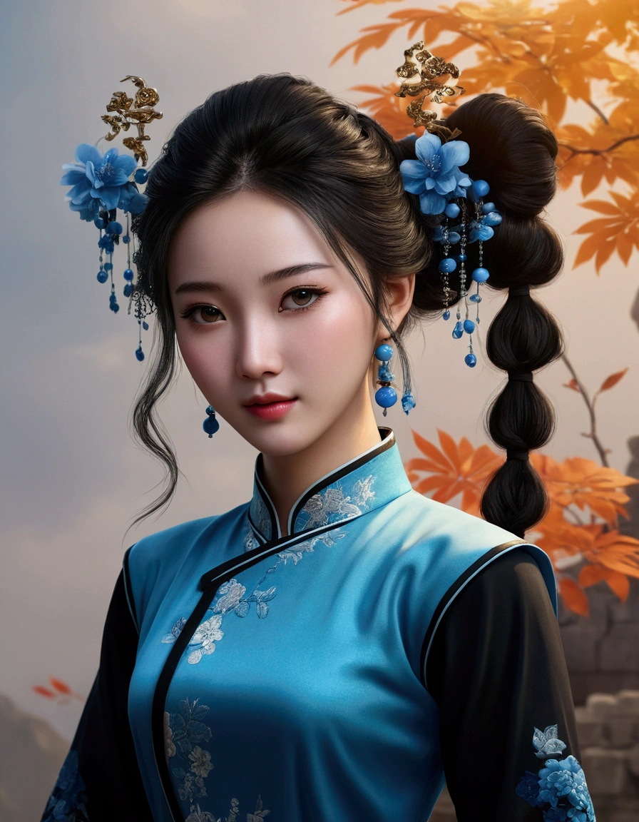 a girl, typical Chinese blue dress with long black sleeves, realistic face, 4k