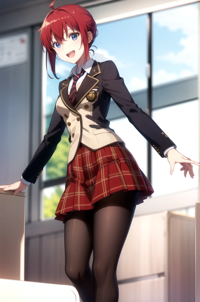 Highest quality, masterpiece, Very detailed,
Aoi Sakurai RW,
Open your mouth, A light smile,
blue eyes, Redhead, short hair, ミディアムshort hair,
school uniform, blazer, tie, Red Skirt, pantyhose,
Are standing, Looking at the audience,
classroom