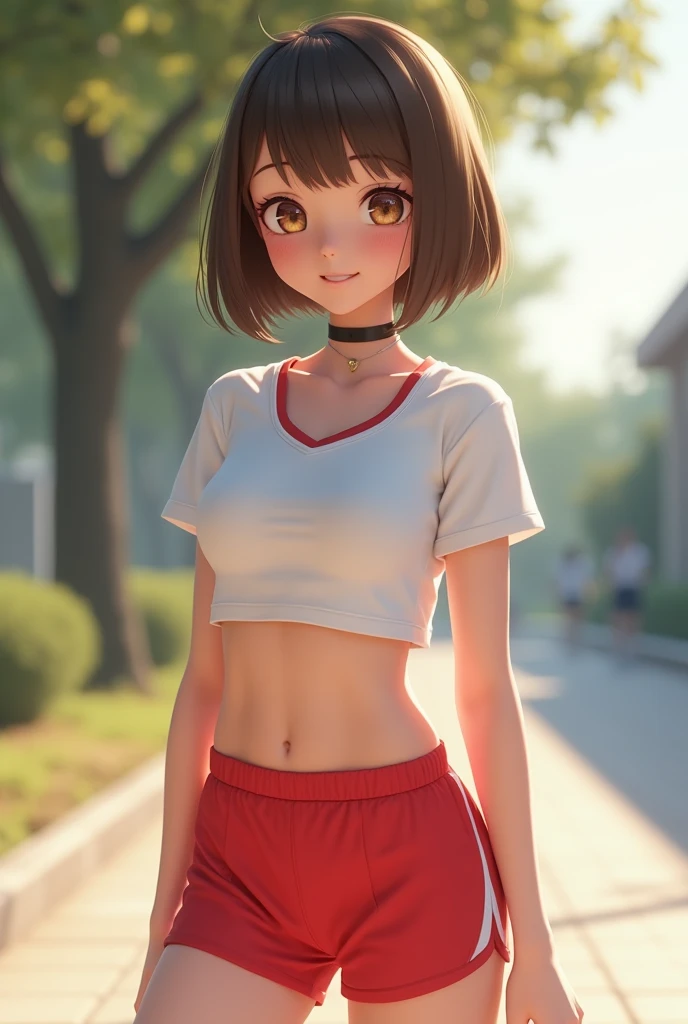 (RAW photo:1.2),(photorealistic:1.4),(masterpiece:1.3),(best quality:1.4),ultra high res,
HDR,8k resolution,
dreamlike,
check commentary,commentary request,scenery,((no text)),
solo focus, (full body),
(detailed eyes),(detailed facial features), (detailed clothes features),
skin tight, (shiny skin),(slender girl),(slim girl),
(1girl,solo),VirtualGirl-Rin, happy, smile, (small breasts), bangs, bob hair, short hair, brown hair, brown eyes, black choker,
university student, schoolgirl, white high school sportswear,red sports shorts,sneakers,