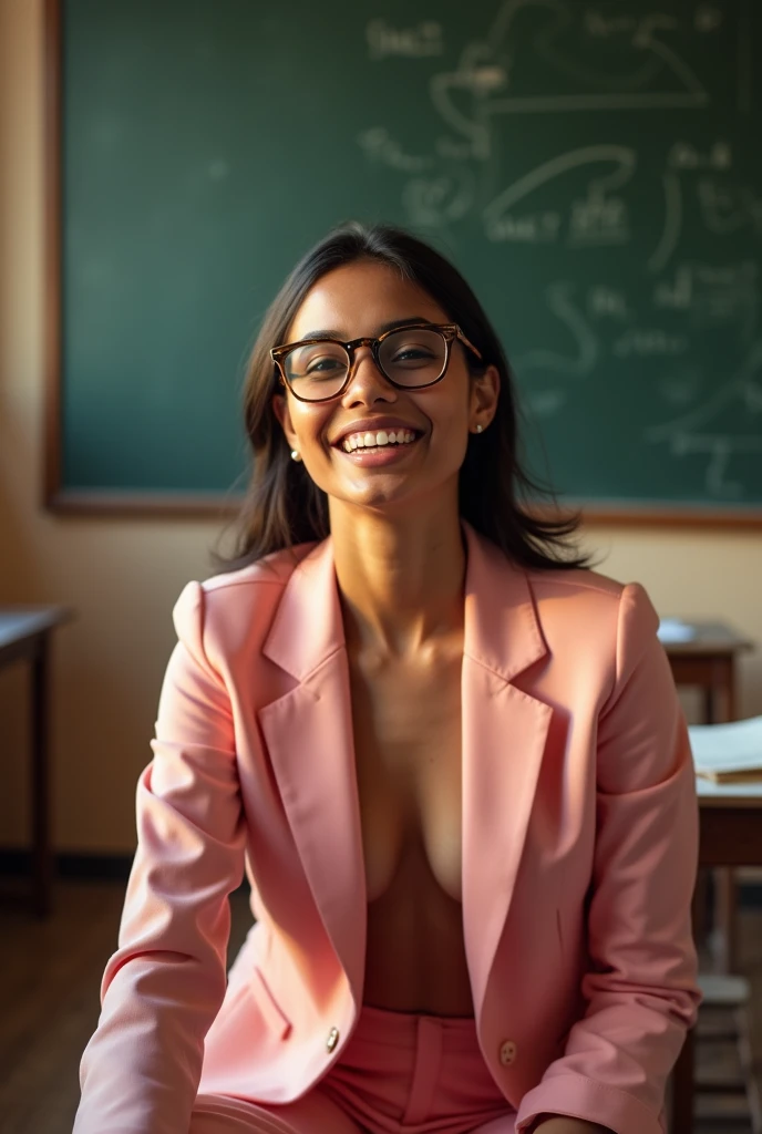 best quality)), ((masterpiece)), (high 8k detailed), Beautiful indian woman, thin pink colour suit,a woman in glasses sitting in front of a blackboard with a chalkboard, attractive girl, very beautiful girl, with a seductive smile, sexy girl, girl next door innocent look, friendly seductive smile, young and cute girl, cute seductive smile, seductive smile, indi sulta, handsome girl, hot with shining sun, teasing smile, beautiful girlfriend