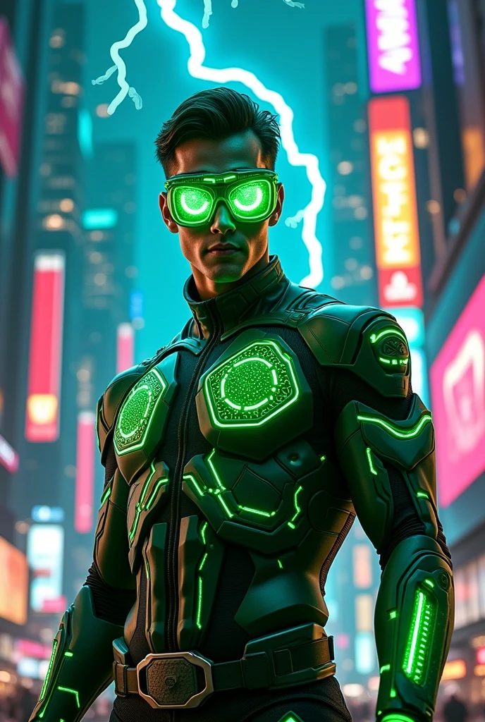 a super hero called the glitch, wearing a green futuristic suit and electronic goggles 