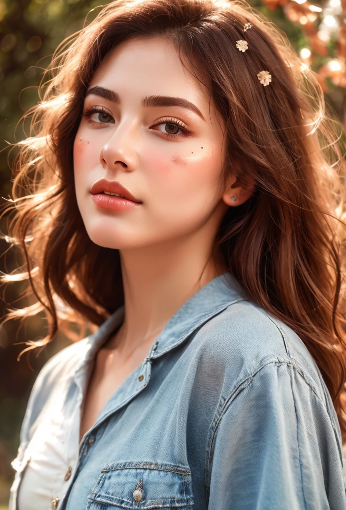 High quality surreal images of women.  The woman is a mix of Native American and Jewish.. fair skin. dark brown curly hair, black eye. Women are fashion-conscious trendsetters, On a clear day, outdoors. A beautiful woman is elegant, beauty, Flutter, freshness,