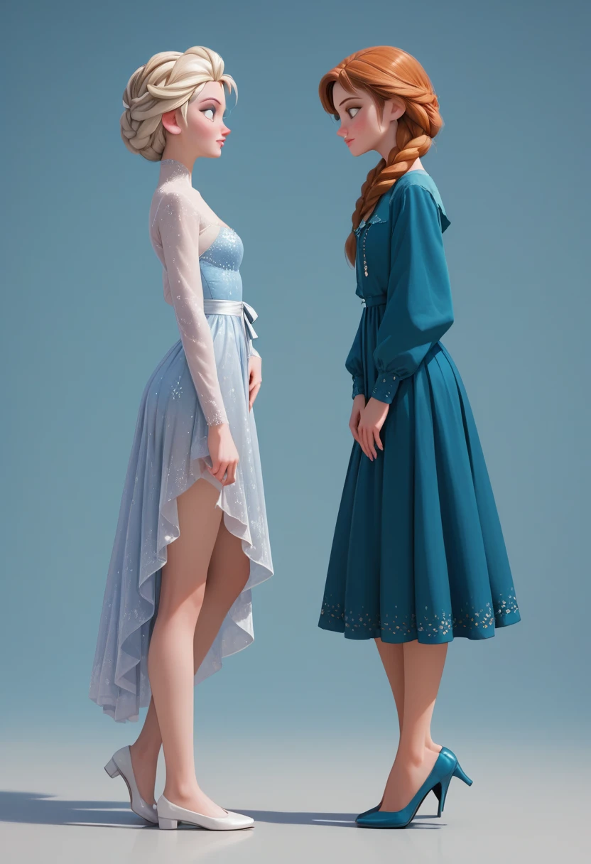 score_9, score_8_up, score_7_up, 2girls, 1girl (Anna) and 1girl (Elsa), side view, (full bodies in view) , long legs, black platform high heels sandals