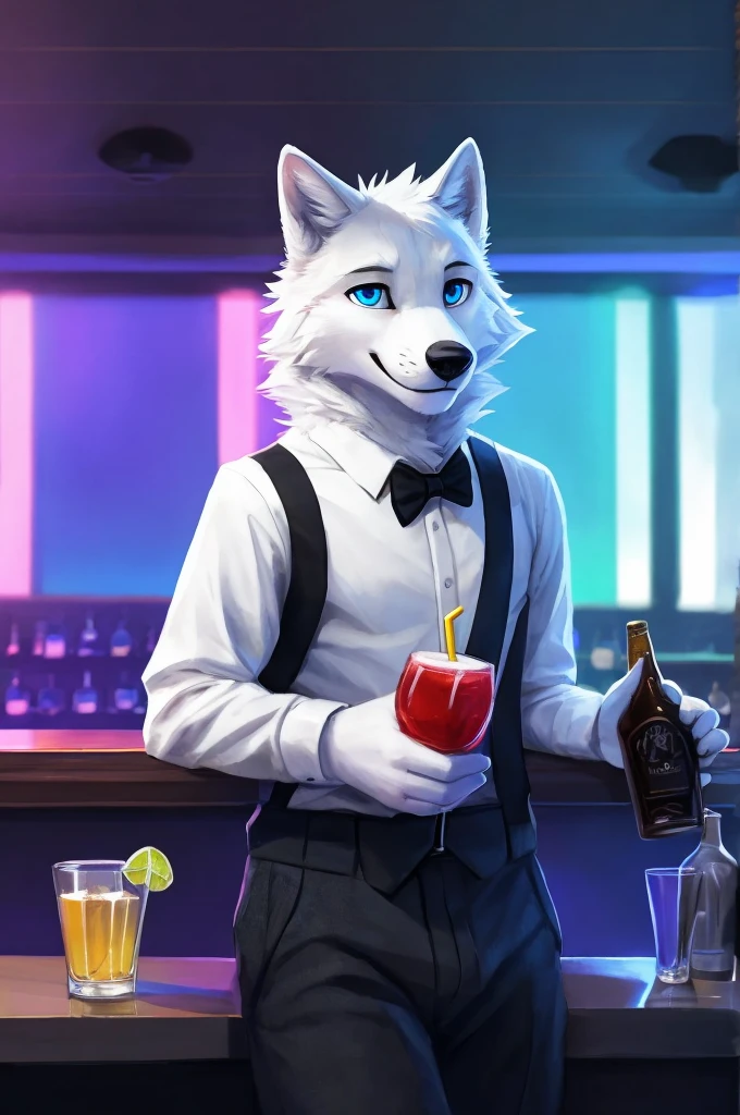 (((Atlas is a white wolf with blue eyes and nose, and also black wool indoors., drinks are mixed at the club bar, preparation of drinks ))) , big breasts in clothes, shirt, bow tie,trousers,sandals,day, , sensual, detailed, uploaded to e621, beautiful and detailed portrait of an anthropomorphic , (((Male))) uploaded to e621, mumps, Foxov, cinema lighting, Thick, One, film cover, detailed, 8K resolution, hires, detailed eyes, good anatomy, Good prospect, to the viewer, от bebebebebe, от sicklyhypnos, in Herkke, by orf, Good hands, perfect hands, happy, romantic, Ray-traced lighting, rtx on