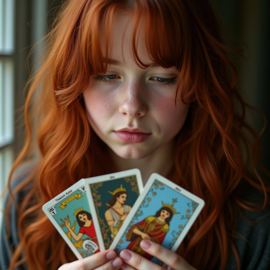 Red-haired girl with brown hair, mouth closed, holding tarot cards in her hand.