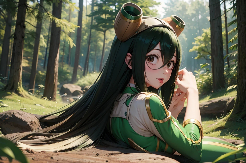 Tsuyu from boku no hero, showing perfect ass, half naked, full body, forest background, showing tongue, long hair. Wallpaper.