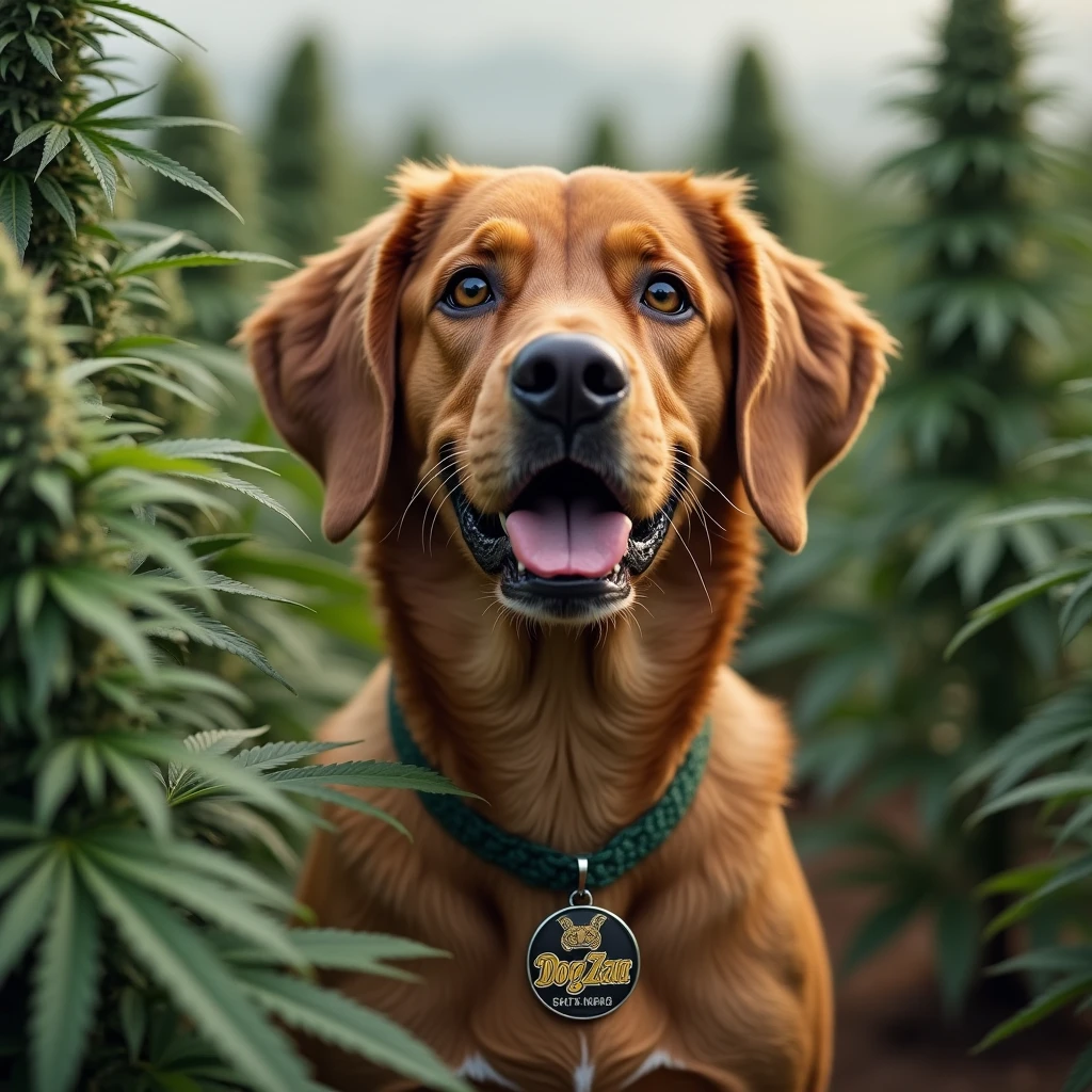 Half angry bulldog with a pendant that says dogZaZa With countless cannabis buds on a plantation