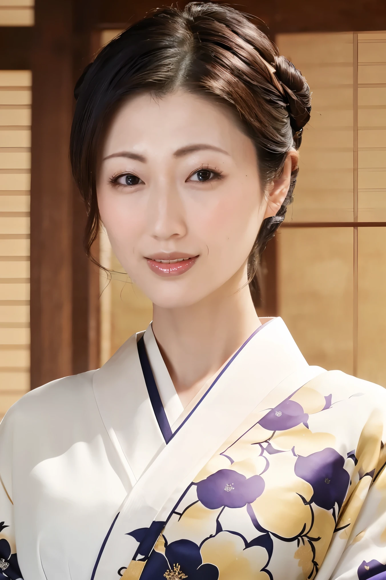 (Highest quality、Tabletop、8k、Best image quality、Award-winning works)、(One beautiful mature woman:1.1)、(Wrinkled aged face:1.1)、Adult face、(Innkeeper:1.1)、(Elegant floral kimono:1.2)、(Perfect kimono:1.3)、(Large Breasts:1.2)、Perfect mature woman portrait photo、Glowing Skin、Standing Elegantly、(Blurred elegant and exquisite perfect Japanese style room background:1.3)、(The most natural and perfect tidy Japanese style room background:1.2)、Glowing White Skin、Very white skin、(Accentuate your body lines:1.1)、(The most graceful posture:1.2)、(look at me:1.2)、Perfect beautiful glossy lips、(Accurate anatomy:1.1)、(A perfect and elegant outfit:1.1)、(Standing with good posture:1.1)、(Face close-up:1.3)、(Front facing body:1.2)、(Hair Bun:1.1)、(Tyndall effect:1.1)、(The moodiest warm lighting:1.2)、(The most moody and romantic:1.2)